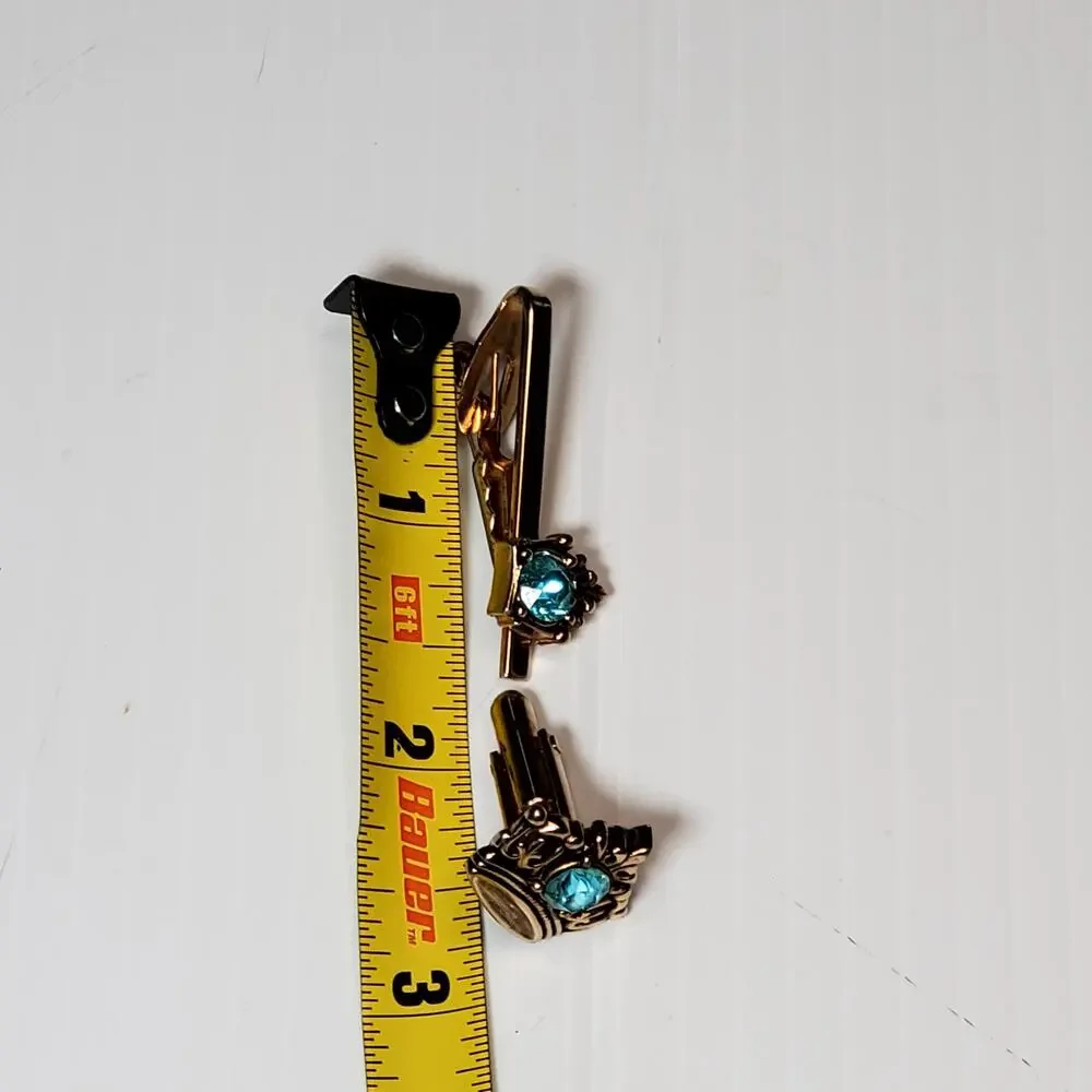 Silver Tone Light Blue Rhinestone Crown Cufflink Tie Clip Incomplete 1.5